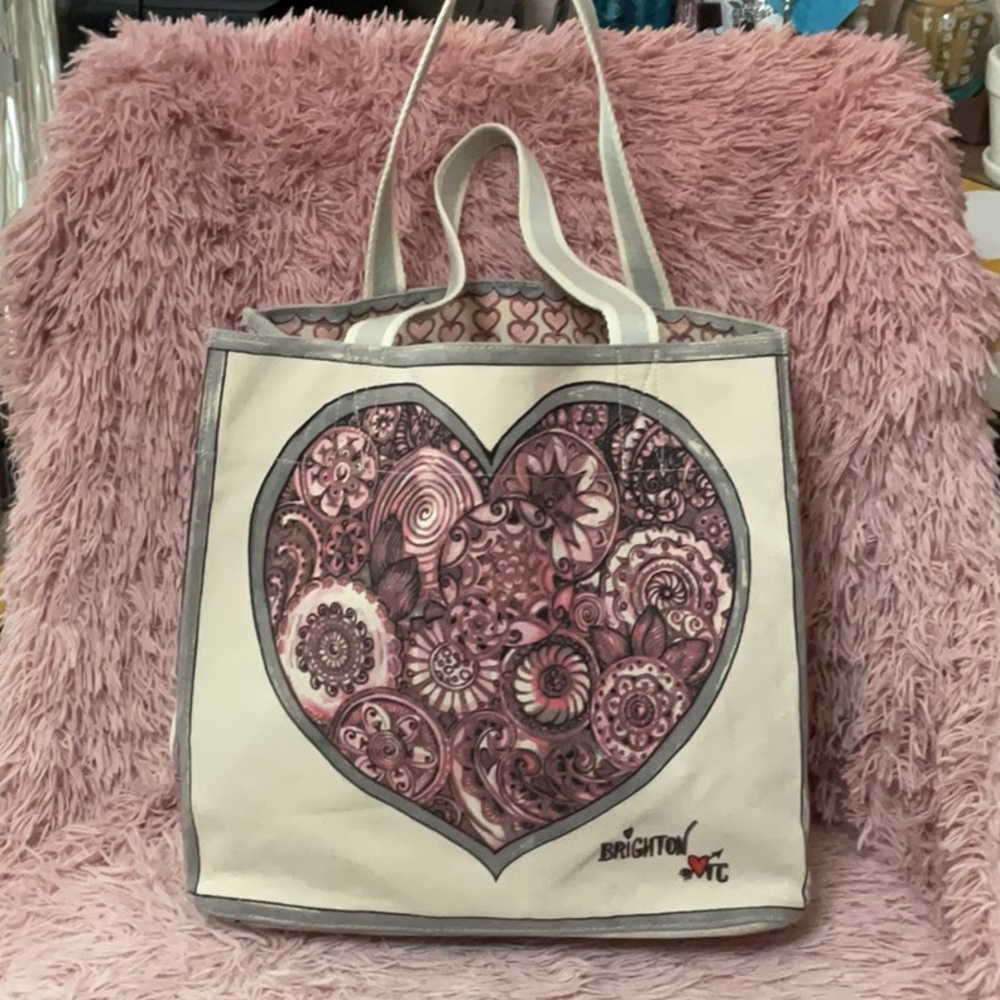 Brighton Cream Tote with Pink Heart Motif